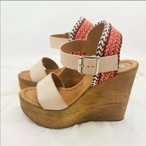 Steve Madden Sam Wooden Platform Wedge Sandals Multicolor Woven Back Size 8
